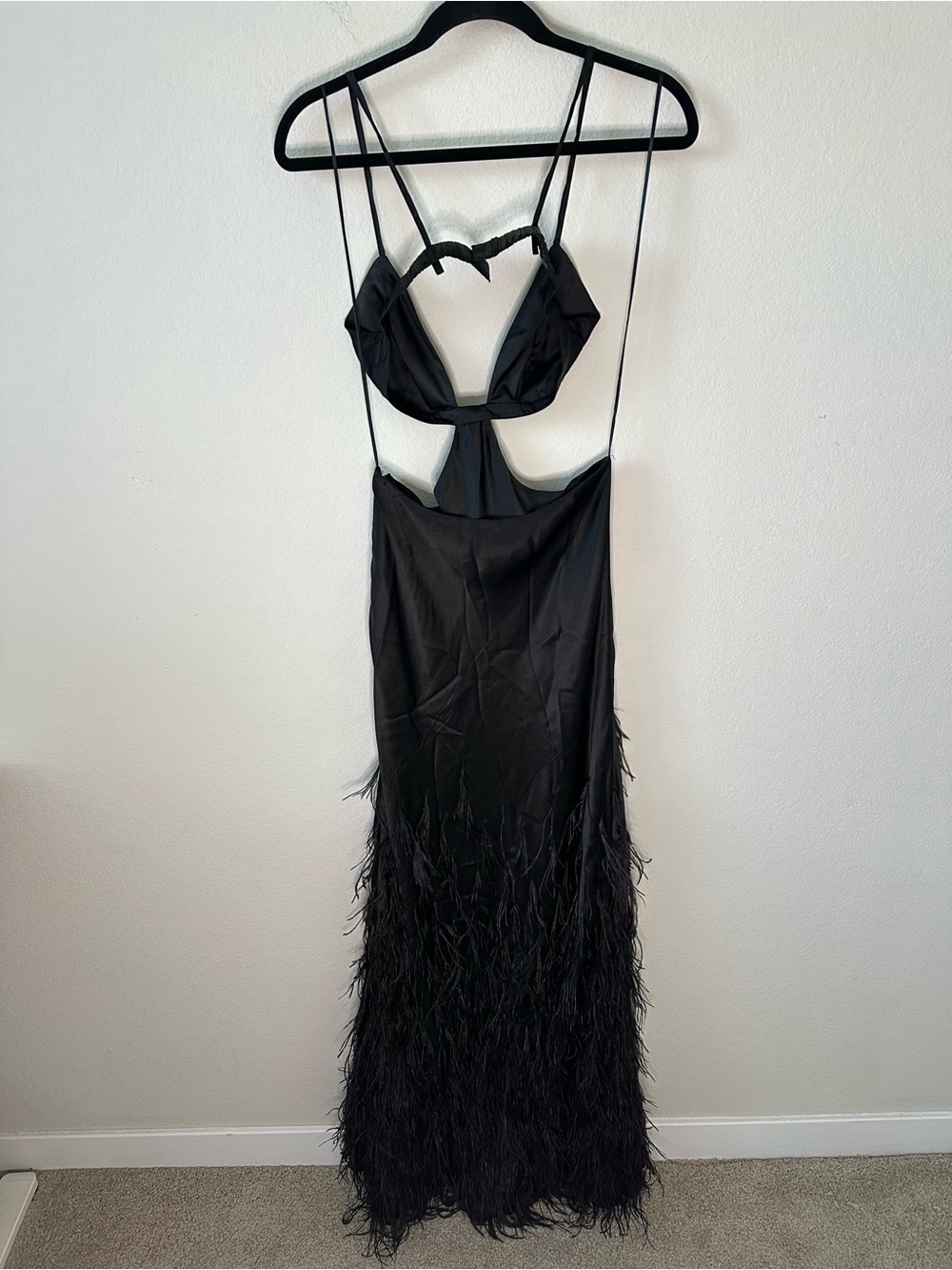 Cult Gaia Raisa Silk Satin Balck feather-embellished Maxi Dress Gown SZ S - Picture 9 of 9